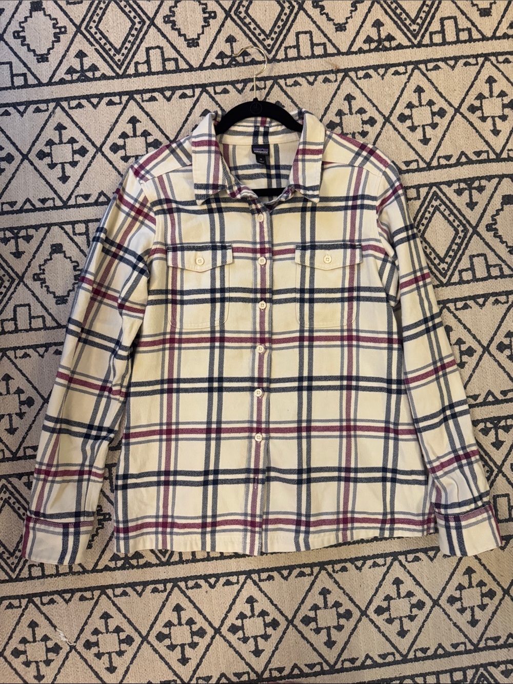 Patagonia Cream Plaid Button-Down Shirt with Navy and Burgundy Stripes